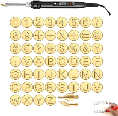 DIY Wood/Leather Burning Set,Letter Wood Burning Tip Kit,DIY Wood Burning/Carving Set,Wood Craft DIY Embossing Carving,Letter Soldering Iron Stencils Wood Burning Kit (52 Pcs with Soldering Iron)