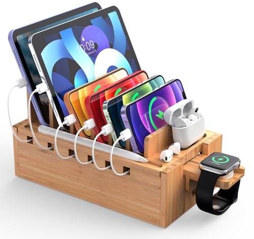 Pezin & Hulin Bamboo Charging Dock for Multi Devices, with Storage Compartment, Wooden Desktop Charge Stations Organiser for Cell Phones, Tablets, Smart Watch and Earpods, No Charger Power Supply