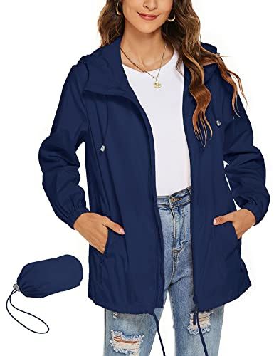 Rapbin - Giacca a vento da donna, leggera e impermeabile, sottile e pratica da portare con sé in viaggio, da pioggia, per la bicicletta, Blu scuro, L