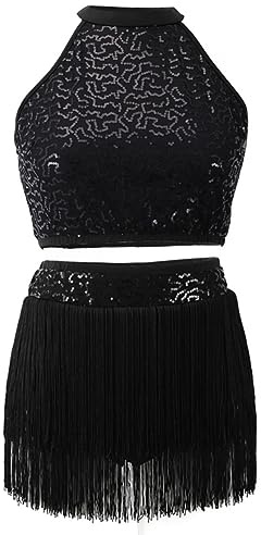 Valcatch Latin Dance Outfits 2 Piezas Ropa de Baile de Rendimiento para Niños Niñas Mujeres Lentejuelas Cortas Con Brillo Conjunto De Falda Con Flecos