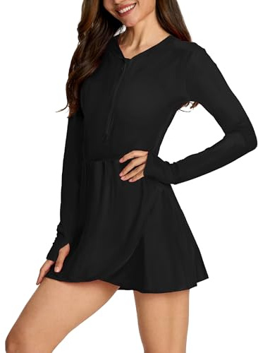 Cagola Long Sleeve Swimsuits for Women UPF 50+ Swim Dress Swimwear One Piece Bathing Suit with Skirts Rash Guard Over 50
