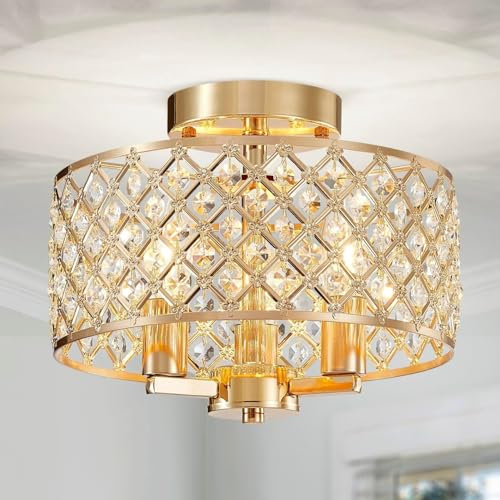 SHRINE LIGHTING Lustre en cristal, style moderne, plafonnier parfait pour salon, douilles E14 x3 (ampoules non incluses), Ø27 x H22 cm, couronne avec finition laiton vieilli