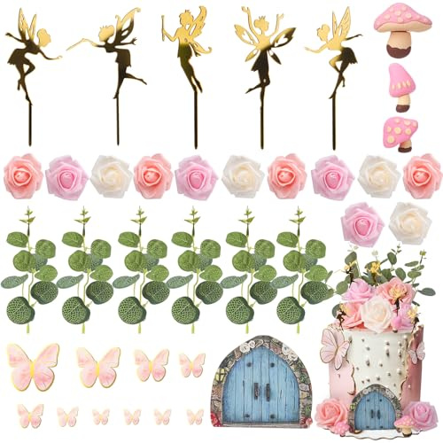 Saerryor 37 Pcs Fairy Cake Topper, Flower Mushroom House & Butterfly | Cake Decorations for Women Girls' Party Birthday Wedding Cake Favors