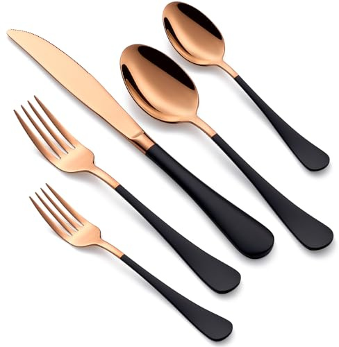 MDEALY 20-Piece Rose Gold and Black Silverware Set for 4 - 18/0 Stainless Steel Flatware Cutlery Utensils, Include Dinner Knives, Forks, Spoons, Salad Forks, Teaspoons, Dishwasher Safe