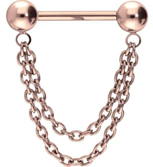 PIERCINGLINE Titan Barbell mit Push Fit 2 KETTEN Brustwarzenpiercing Nippelpiercing Roségoldfarben 1,6 x 16 mm