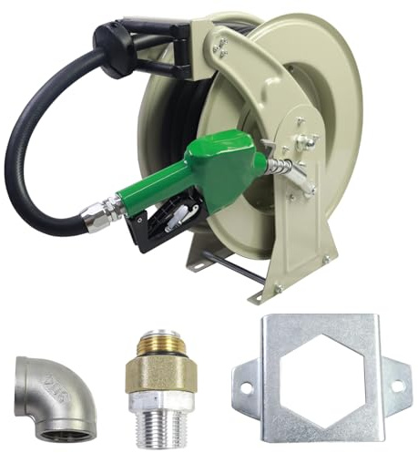 SWANGET 3/4X33' Fuel Hose Reel & Fuel Nozzle & Fuel Hose Swivel,Spring Driven Retractable Diesel Hose Reel,Inlet 1 NPT Thread,Oulet 3/4 NPT Thread Swivel,Heavy Duty Steel Construction Reel