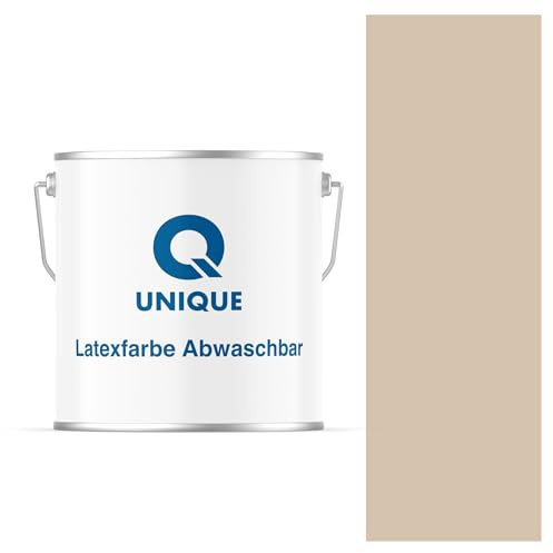 Q UNIQUE Latexfarbe ABWASCHBAR 5L (ca.35m2) Beige, Waschbare, hochdeckende, tiefmatte Latexfarbe auf Basis von Ethylen-Vinylacetat-Copolymer. VOC-frei, geeignet für Wände/Decken in Innenräu