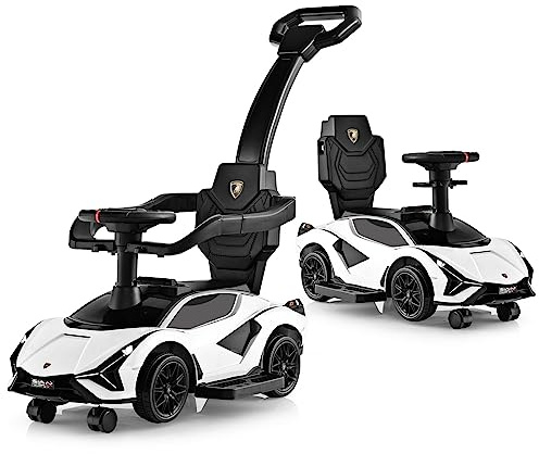 GOPLUS 3 in 1 Rutschauto, Lamborghini Schiebauto mit abnehmbarem Universalrad, USBs, Musik, Stauraum, abnehmbarem Schiebegriff & Schutzgeländer, Rutschfahrzeug für Kinder von 18-60 Monaten (Weiß)