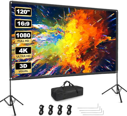 Schermo per proiettore con supporto, Qoolfoto 120 pollici, portatile, per interni ed esterni, schermo di proiezione 16:9 4K HD, senza pieghe, con borsa per il trasporto, per film in cortile e home