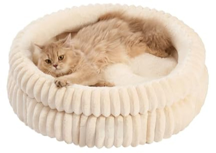 Pevfeciy Hundebett Rund Hundebett flauschig Katzenbett Donut Kissen waschbar Hundekorb PlüSch plüsch Katzenkissen rund Kuschelbett,Beige,S