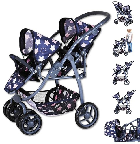 Knorrtoys 16443 - Zwillingspuppenwagen Milo - Star Blue pink, 26.34x18.11x28.74 in
