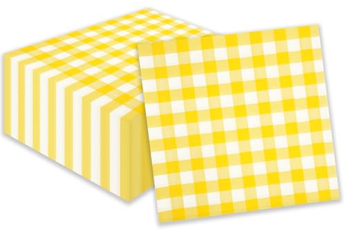 40 st rutiga gingham-pappersservetter, 25 cm x 25 cm gula engångs cocktail drycksservetter Gingham servering för cocktails, grillfester, Aftetnoon te, restaurang, bar, picknick, fest