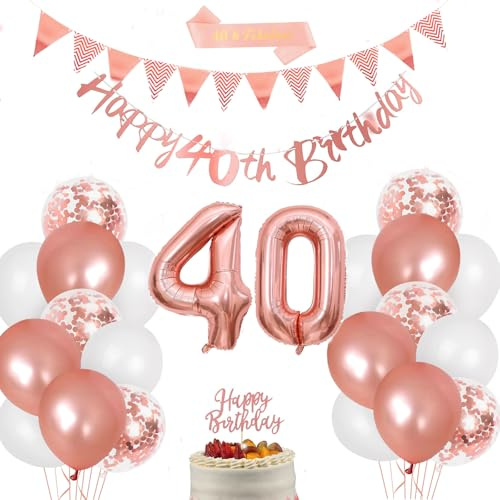 40. Geburtstag Deko, Roségold Deko 40. Geburtstag Frauen, Folienballon Zahl 40, Ballon Rose Gold, Happy Birthday Banner, 40 Geburtstags Fabulous Sash, Cake Topper für 40 Geburtstagsdeko
