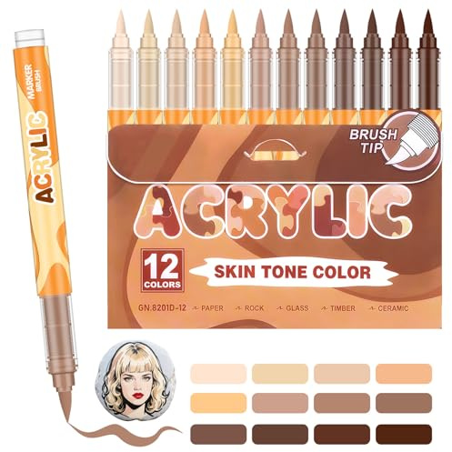 12 Feutre Acrylique Brush Marker – Set de 12 Marqueurs de Peinture Acrylique Skin Tone Color Series , Pointe Brush 0.5~5MM Pinceau pour Peinture sur Coloriage Adulte, Verre, Bois, et Autres Surfaces