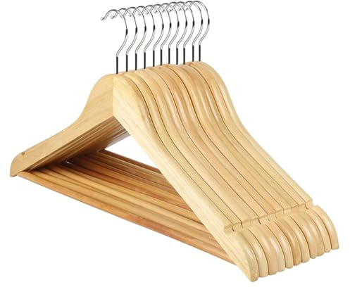Pack 12 Perchas de Madera para Ropa,Gancho Giratorio 360º Colgador Antideslizante para Trajes, Abrigos, Chaquetas y Camisas, Muescas para Vestidos y Blusas