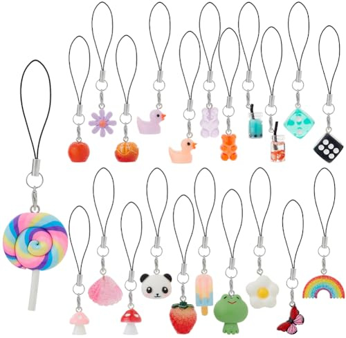 DICOSMETIC 22 Stück Handy Handgelenkschlaufe 22 süße Handy Anhänger Resin Charm Lanyard Strap Kawaii Handy Anhänger Blumen Essen Würfel Handy Anhänger Zubehör