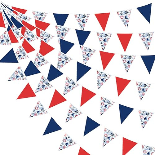 32Ft Red Blue White Bunting Banner Nautical Themed Party Decorations Fabric Pennant Triangle Flag Garland for Kids Boys Ahoy Anchor Pirate Under The Sea Ocean Birthday Wedding Baby Shower Garden Decor