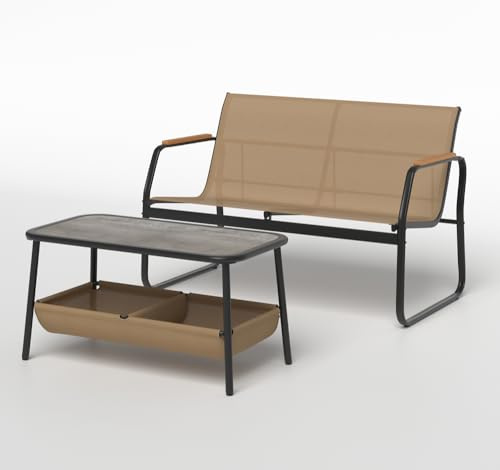 GIANTEX Gartenmöbel Set Gartenbank mit Couchtisch, Lounge Möbel Outdoor 2 Sitzer, Balkonmöbel Sitzbank aus Textilene, Terassenmöbel Outdoor, Kaffeetisch mit 2 Stauraumfächern, Sitzgruppe Möbelsets