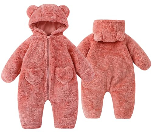 Fohuanky Newborn Baby Bear Pramsuit Warm Fleece Hooded All-in-One Snowsuit Winter Romper for Boys & Girls 0-12 Months