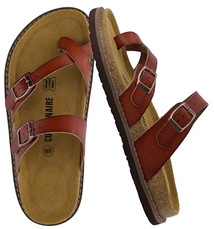 CUSHIONAIRE Pluto Cork Footbed Summer Sandals for Women 2025 Comfortable Slides with Adjustable Buckles, Toe Loop & Stitched Design – Stylish Slip On Women Footwear, WHISKEY 9W