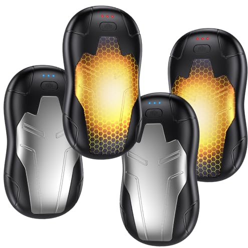 FANDLISS Lot de 4 Chauffe Main Rechargeables,2025 Ddernière Chaufferette Main Reutilisable Iron Man, Chauffe Main Electrique Portables 5000mAh,Adaptés pour Extérieur&Intérieur,Camping-Noir Argent