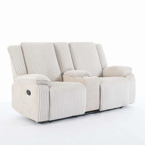 More4Homes Verona 2 Seater Jumbo Cord Manual Recliner Sofa w Drinks Console (Beige)