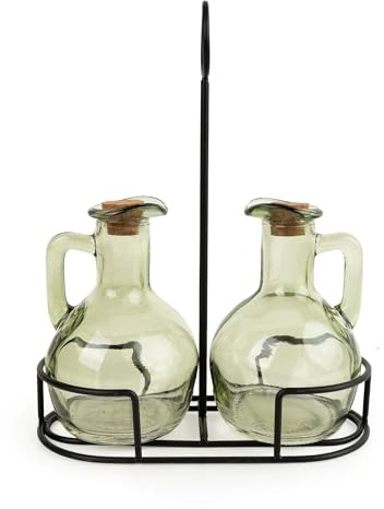 Home Deco London Vintage-Style Glass Oil and Vinegar Cruet Set, 2 Bottles with Metal Stand, Green Tint