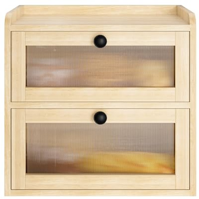 BADGESHAND Bread Bin Wooden Bread Storage Box for Kitchen, Countertop Double Decker Bread Box Keep Bread Storage Fresh with Clear Acrylic Windows (Wood)