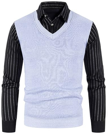 Mock tröja för män – 2-i-1 pullover med skjortkrage, vinter varm v-ringad stickad kofta, långärmad mock-skjortor stickad jumper för män, Grå, XL