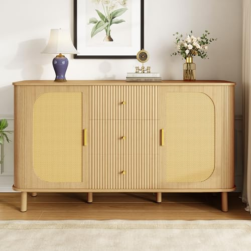 Merax Modernes Sideboard 140x40x80 cm, mit Schubladen, Regalen und Metallbeinen in Holzoptik, Rattan-Türblatt, gewellte Schubladen, Elegantes Wohnzimmermöbel, Holzfarbe