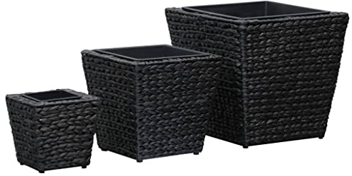 SKTQYQO Set di 3 Letti Rialzati in Giacinto Intrecciato Nero con Vasi Interni Rimovibili per Piante e Fiori Decorativi Rustici Set di 3 fioriere rialzate in giacinto d'acqua