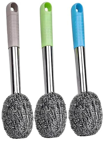 3 Pack Bottle Scrubber Brush Stainless Steel Wool Scrubber with Handle Heavy Duty Bottle and Pot Cleaning Brush for Kitchen, Grill, and Hard to Reach Areas