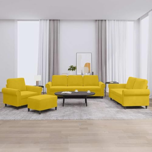 Mandloder 4-TLG. Sofagarnitur Gelb Samt, Komfortable Wohnlandschaft mit Kissen, Moderne Couch-Garnitur für Wohnzimmer, Robustes Set aus Sessel, 2-Sitzer, 3-Sitzer & Fußhocker