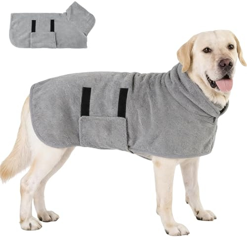 VELAJA Accappatoio per Cani in Microfibra Super Assorbente, Asciugamano per Asciugatura Rapida Cani Taglia Grande con Chiusura a Striscia Regolabile, Ideale dopo Bagno, Nuoto o Pioggia (L, Grigio)