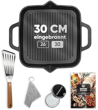 GUSSKÖNIG Gusseisenpfanne - 30cm Pfanne Gusseisen - Grillpfanne Gasgrill - Eingebrannte Gusseisen-Pfanne - Cast Iron Pan - Robuste Gusspfanne+Pflegepaste, Ringreiniger & Rezeptbuch - 30 Jahre Garantie