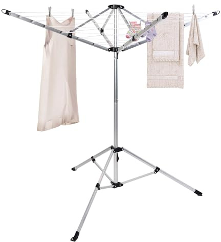 CROS Indoor Outdoor 4-Arm Umbrella Clothes Drying Rack, 65 FT Rotary Laundry Airer with 28 Vinyl Lines, Freestanding Tripod Base, Rust-Resistant Aluminum Dryer for Home, Yard & Balcony