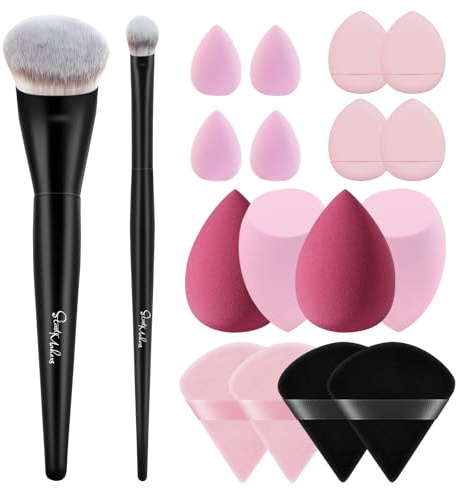 Kit de 16 éponges et pinceaux maquillage | Beauty Blender, Pinceau Fond de teint & Correcteur, Houpette Maquillage, Ensemble d'outils pour une application fluide des textures liquides, crème et poudre
