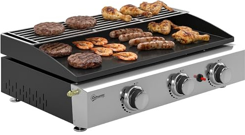 Outsunny Gasplancha med 3 brännare i rostfritt stål, 7,5 kW, gasgrill med värmebeständig emaljerad platta, lätt att rengöra, bordsgrill med värmegaller, svart