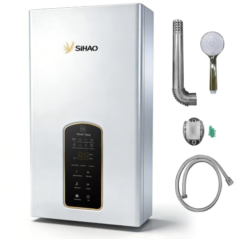 Furvveerr Calentador de Agua a Gas Natural 24KW 10L/min, Instantáneo Sin Depósito Termostático, Panel Táctil, Intercambiador de Cobre, Ventilador Antirretorno 220V, Accesorios Incluidos (14L/min)