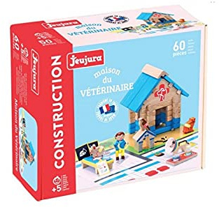 Jeujura - Maison du Vétérinaire 60 Pièces - Jeu Construction 3 Ans - 8216 | Jeu en bois enfant - Personnage, accessoires et tapis de jeu inclus - Imagination - Fabriqué en France
