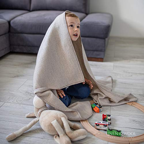 Linen & Cotton Doubleface Babydecke Merino Wolle für Junge Mädchen Santino - 100% Merinowolle, Beige Natur (90 x 140 cm) Leichte Dünne Kuscheldecke Baby Sommer Winter Kinderwagen Babyschale Babybett