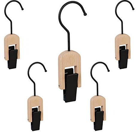 20 Ganchos para Botas, Engomados, Perchas con Clip, Pañuelos y Gorros, Madera y Hierro, Negro/Natural