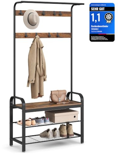 VASAGLE Klädställ, omklädningsrum, entrémöbler, med avtagbara krokar, bänk och skohylla, höjd 183 cm, metallram, industriell stil, rustik brun och svart HSR400B01