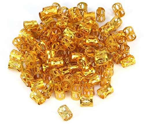 Brrnoo 100 PCS Bijoux Cheveux Tressage,Perles Manchettes En Métal,Nouveaux Dreadlocks Colorés Perles Cheveux Tresse Anneaux Clips Dread Locks,Anneaux Manchette Décoration De Tressage Tube(Doré)