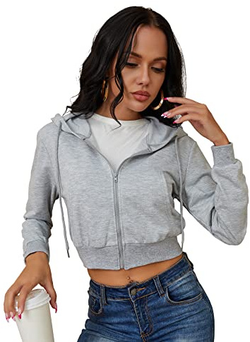 Women's Cropped Zip Up Hoodie Sweatshirt Long Sleeve Zipper Basic Workout Crop Jacket Zipper Hoodie Grey