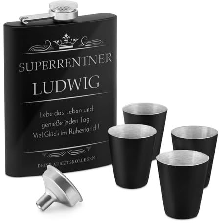 Maverton Flachmann 200 ml mit Gravur - Geschenkset mit 4 Schnapsgläsern 20 ml und Trichter - personalisiert - aus Edelstahl - Schnapsflasche für Männer - Farbe: mattschwarz - Rentner