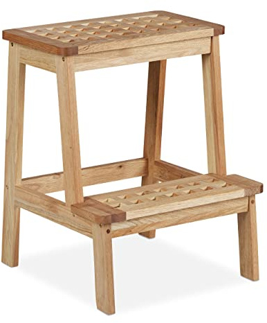 Relaxdays stegpall valnötsträ, 2 steg, stegpall barn, upp till 60 kg, HBT: 47 x 38 x 38 cm, växtpall, natur