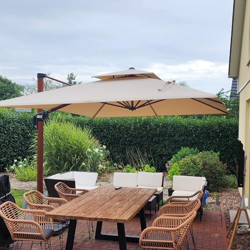 PURPLE LEAF Parasol De Jardin Extérieur, Parasol Déporté Inclinable 3,3 x 3,3 m, Grain de Bois en Aluminium, Toit à Double Rotatif 360°, Protection UV Automne, Convient aux Villas Haut de Gamme, Beige