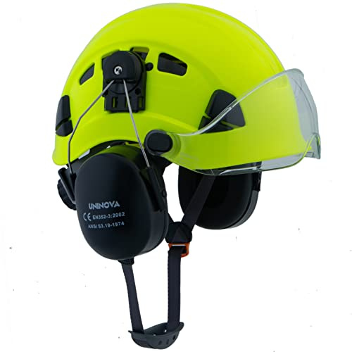 UNINOVA Arborist Helmet with Visor and Earmuffs, OSHA Safety Hard Hat for Forestry, Logging, Trimming, Mowing, Climbing, Garden Work (A91 Lime+Clear Visor+Earmuffs)