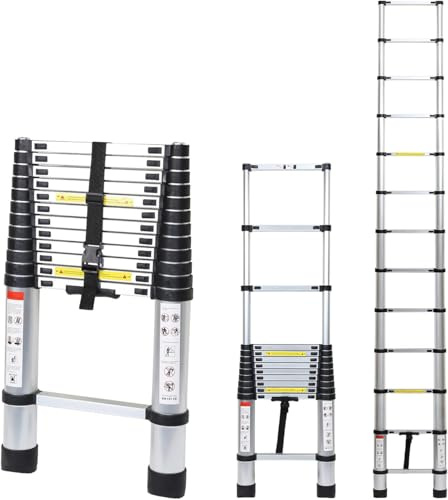 Lospitch Teleskopleiter mit Abnehmbarem Haken, 3,8M Ausziehbare Leiter Aluminium, Ausziehbar Mehrzweckleiter Aluminiumleiter, Teleskop Klappleiter 150 kg Belastbarkeit